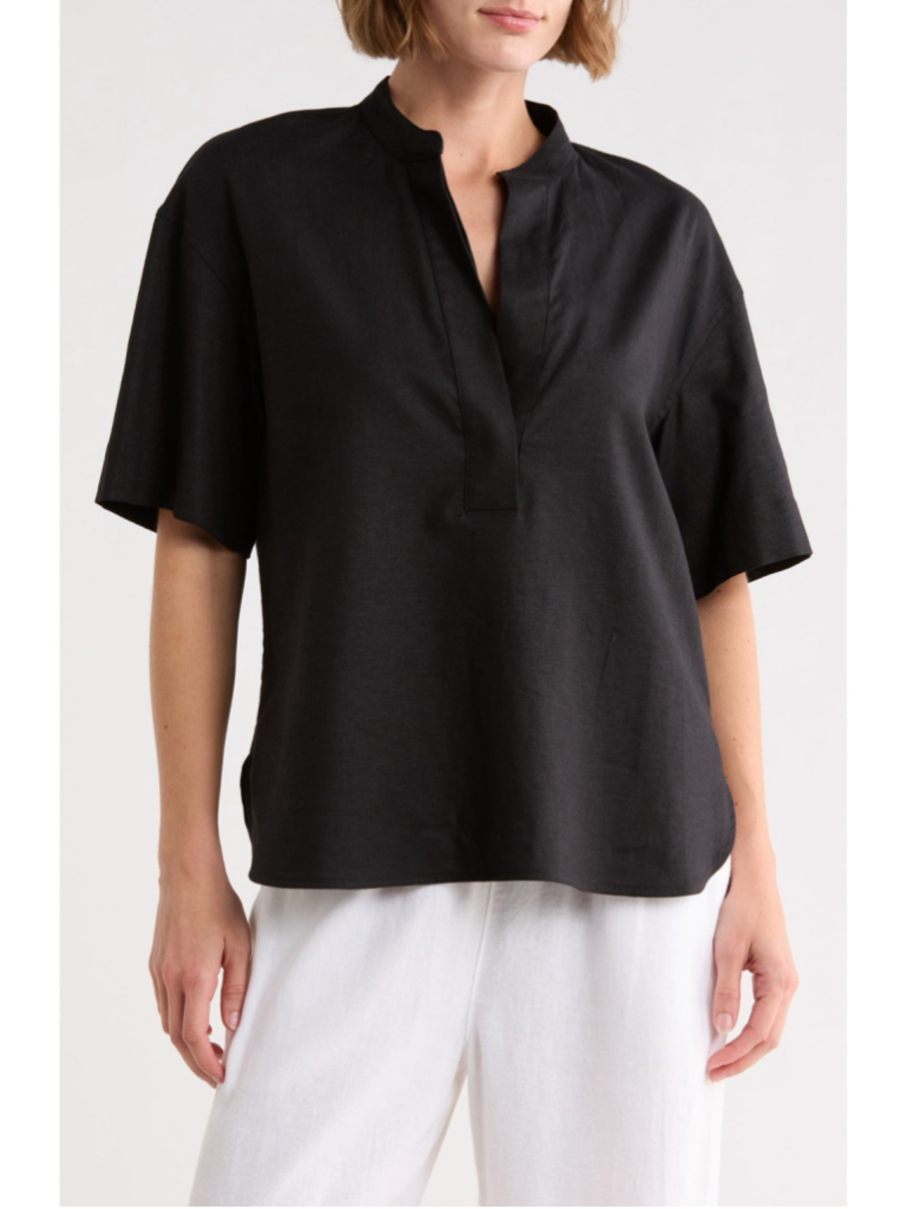 Vince Black Linen Blend Split Neck Popover Top XS